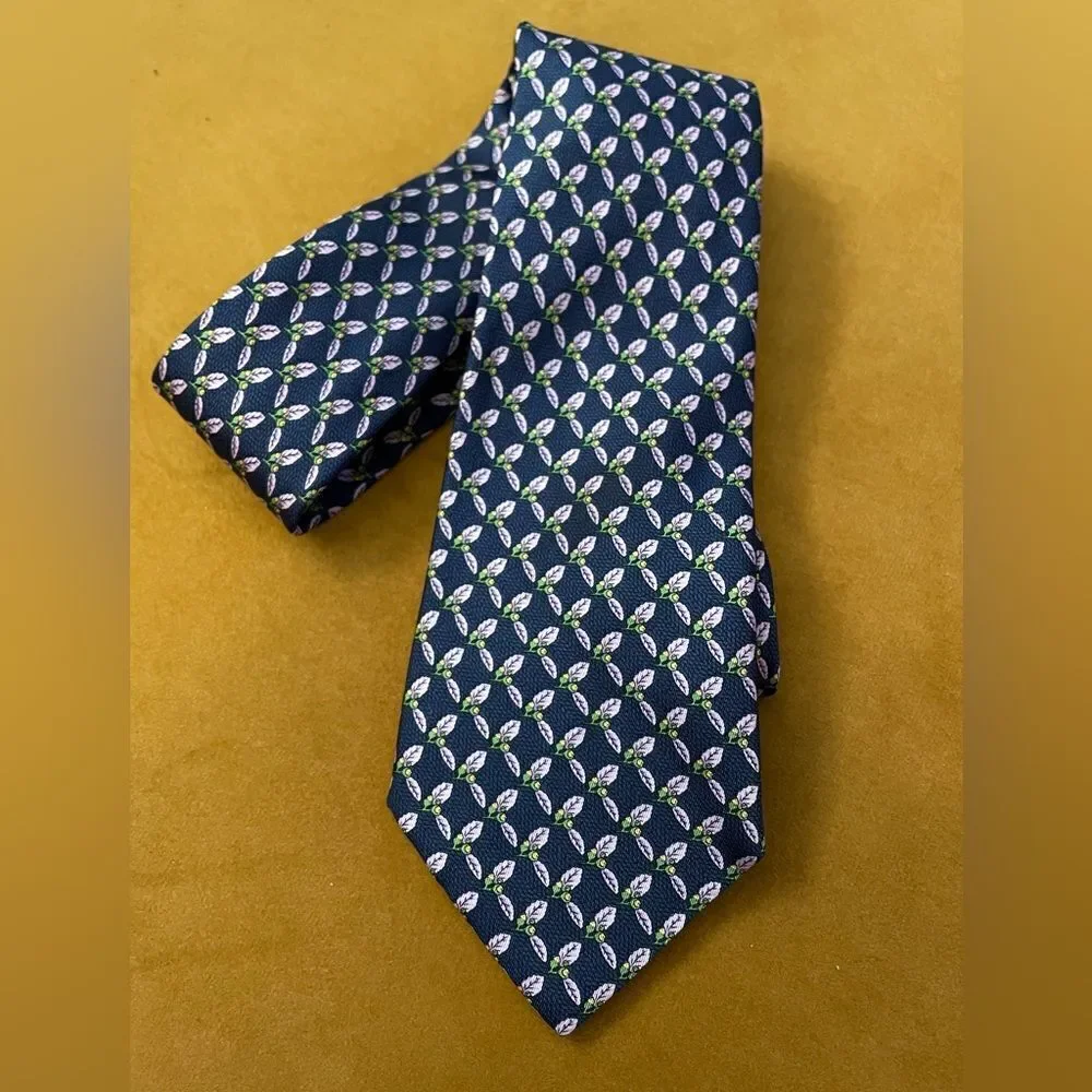 Thomas PINK Blue Silk Neck Tie Purple Leaves
